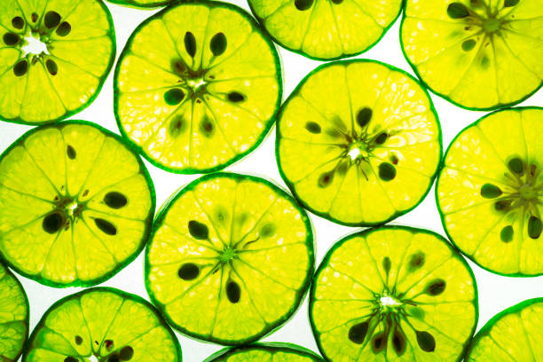 マクロレモンの背景、マクロライム、レモンとグリーンライムがスライスを重ねたクローズアップ背景、マクロレモンのテクスチャ - lemon textured peel portion ストックフォトと画像