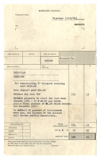Rather dirty and stained invoice from a borough council to a householder requesting payment for the installation of a driveway entrance across a footpath, dated 1980. The total payment due, including Value Added Tax at 8%, is £188.06p and a deposit of £10.00 has already been received. All identifying details have been removed.