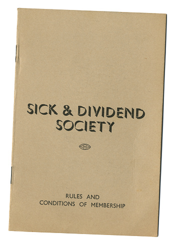 Rules and conditions of membership booklet for a British company’s ‘sick and dividend society’. Identifying details removed with copy space for your own text.