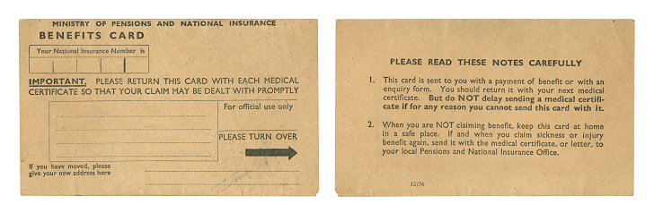 Front and back of an old British Ministry of Pensions and National Insurance benefits card from the 1950s. All identifying details have been removed.