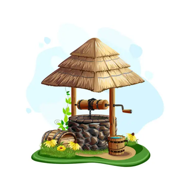 Vector illustration of Old stone well with thatched roof