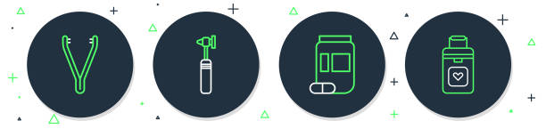 ilustrações de stock, clip art, desenhos animados e ícones de set line medical otoscope tool, medicine bottle and pills, tweezers and organ container icon. vector - vitamin pill picking up pill capsule