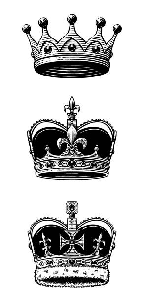 Old style, engraving type illustration of 3 king's crowns