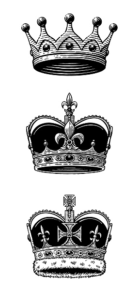 Old style, engraving type illustration of 3 king's crowns