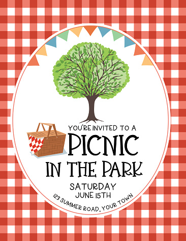 BBQ Invitation Template On A Checkered Tablecloths. Text is on its own layer for easier removal