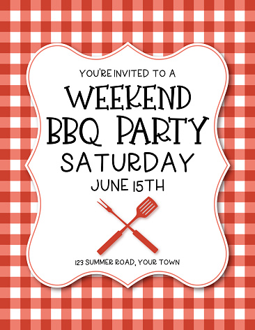 BBQ Invitation Template On A Checkered Tablecloths. Text is on its own layer for easier removal