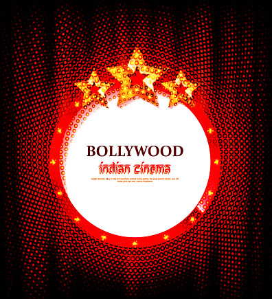 Bollywood indian cinema vector banner with text. Vintage cinematography and theater flat poster. Film festival. Golden sparkling glitter rain. Shiny sign with lights on red curtain backdrop