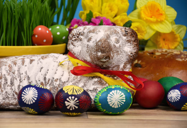 istock Easter lamb cake and beautiful hand painted easter eggs stock images 1480082859