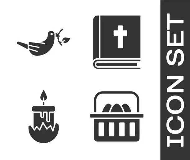 Vector illustration of Set Basket with easter eggs, Peace dove with olive branch, Burning candle and Holy bible book icon. Vector