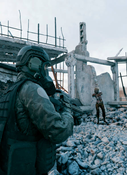 istock Soldier Battles Mutated Zombies in Post-Apocalyptic Wasteland 1480085952