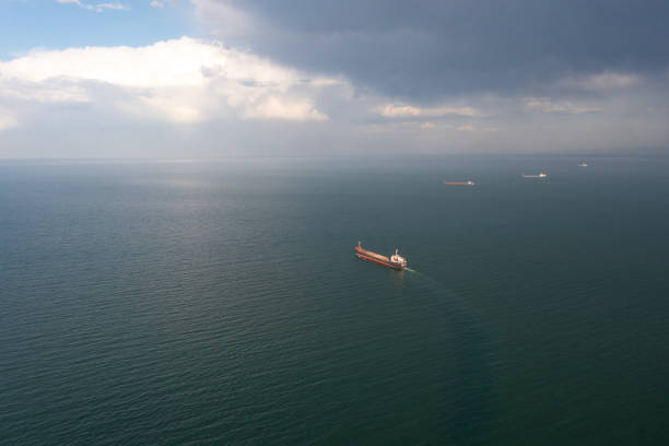 Aerial view of cargo ship in transit.