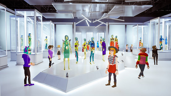 Metaverse avatars of people shopping in digital clothing shop, 3d render