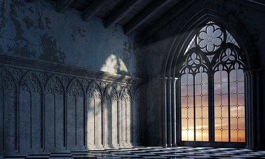 3d illustration. Abandoned castle with a large gothic window the rays of the sunset. Cathedral medieval architecture