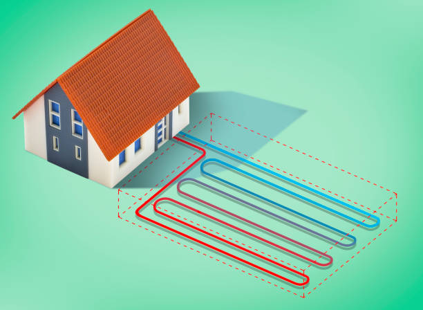 istock Geothermal heating and cooling system linear with ground horizontal collector - sustainable buildings conditioning concept 1480091526