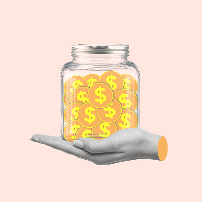 Creative art collage of a hand holding a glass jar with coins. The concept of protection of profit and security. Modern design. Copy space.