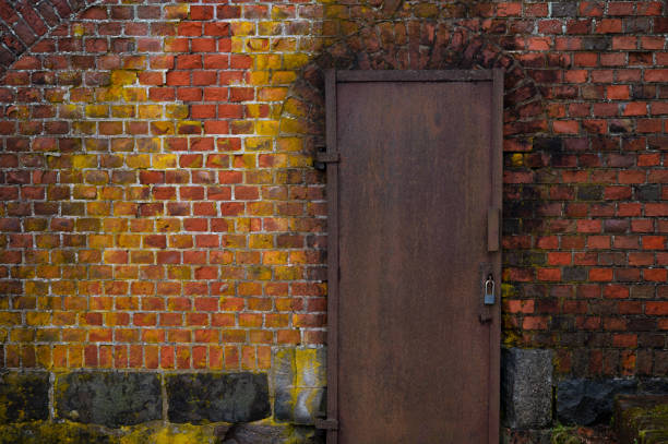 Locked iron door in old brick wall