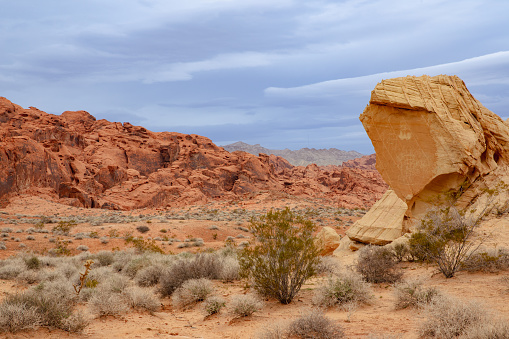 Valley of Fire state park is located near Overton, Nevada and is home to red Aztec sandstone and gray and tan limestone formations from 150 million years ago.