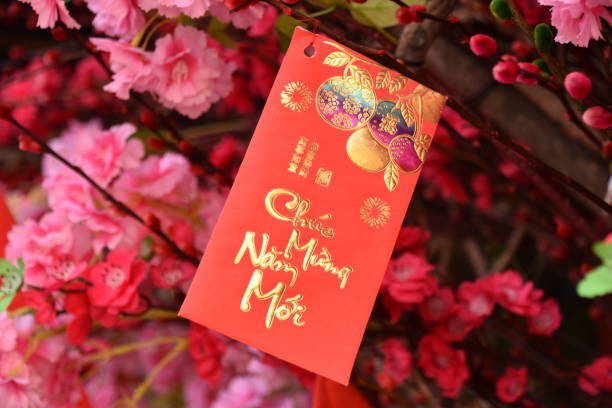 Lucky Red ‘Chuc Mung Nam Moi’ Tet Lunar New Year Envelope with Pink Blossoms stock photo