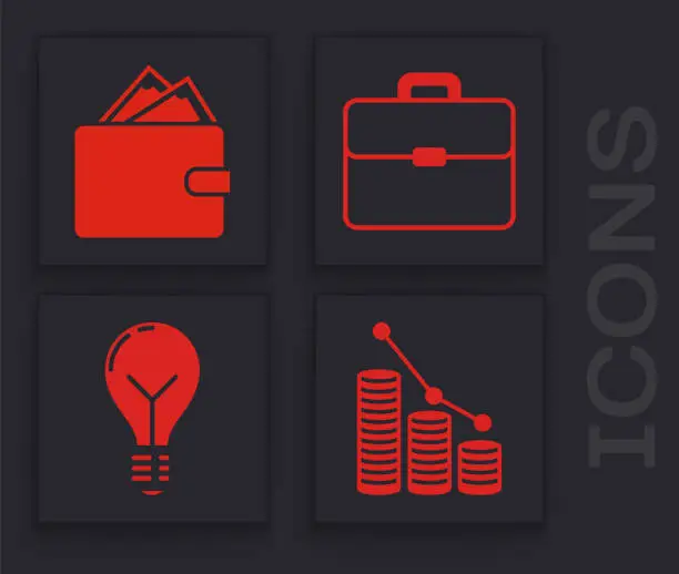 Vector illustration of Set Pie chart infographic and coin, Wallet with stacks paper money cash, Briefcase and Light bulb with concept of idea icon. Vector