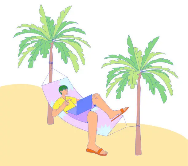 Vector illustration of Man works remotely lying on a hammock