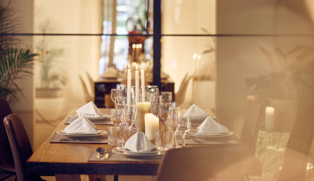 istock Restaurant, fine dining or table in dinner celebration, birthday or new years party at luxury social event. Empty, nobody or decoration with champagne drinks or wine glasses at dinner gala on holiday 1480098971
