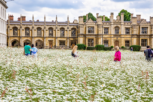 Cambridge, UK - June 2, 2022 - Unindefinite people in wild daisies meadow  in front of the iconic King's College Chapel at Cambridge University.