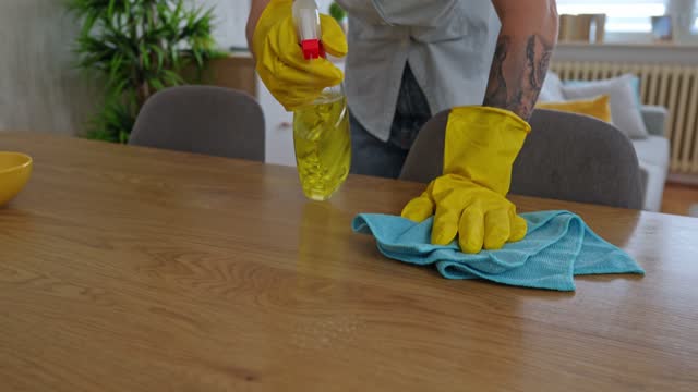 Woman cleaning the dining room table