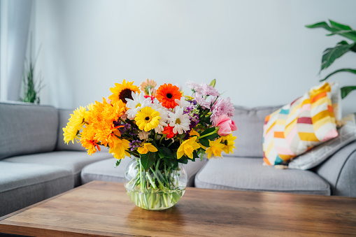 Vase with huge multicolor various flower bouquet on the coffee table with blurred background of modern cozy light living room with gray couch sofa. Giving flowers. Mother's day, birthday gift.