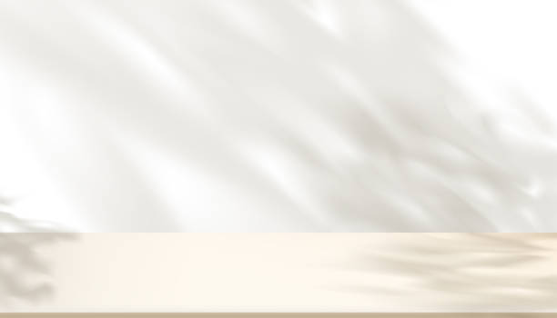 3d weißes wandhintergrund-display mit schalmei-blätter-überlagerung auf beige-boden-raum, transparentes weiches licht für zweige blatt, konzept für bio-kosmetik-produktpräsentation, verkauf, online-shop im frühling, sommer - abstract architecture backdrop backgrounds stock-grafiken, -clipart, -cartoons und -symbole