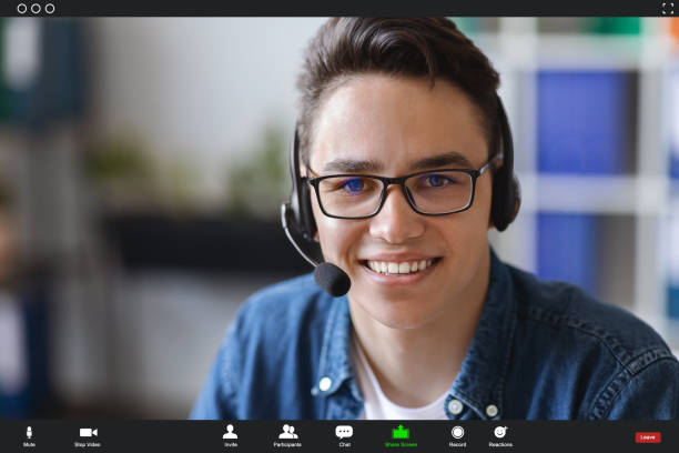 Teleconference. POV Shot Of Video Call With Smiling Young Man Wearing Headset Teleconference. POV Shot Of Video Call With Smiling Young Man Wearing Headset, Handsome Millennial Guy In Eyeglasses Looking At Camera, Joined Virtual Chat, Enjoying Virtual Communication, Collage man video call pov stock pictures, royalty-free photos & images