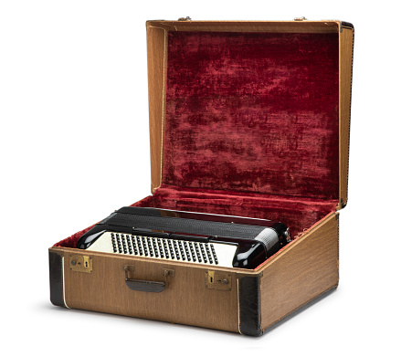 Accordion Instrument inside Case Isolated on a White Background with a Clipping Path
