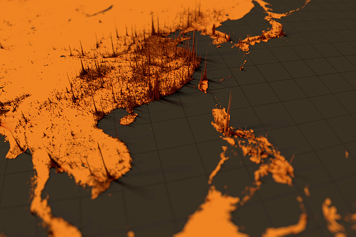 population density on world map,  Real population data used.( https://hub.worldpop.org/project/categories?id=18)  Spikes represent cities.