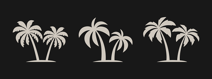 Vector Palm Trees, Palm Tree Icon Set Isolated. Palm Silhouettes. Design Template for Tropical, Vacation, Beach, Summer Concept. Vector Illustration. Front View.