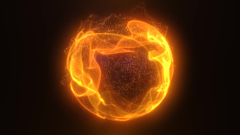 Abstract fire orange looped energy sphere of particles and waves of magical glowing on a dark background, video 4k