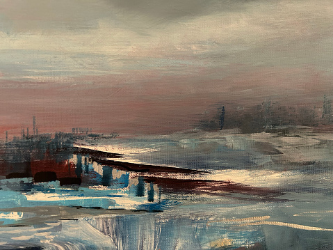 Original painting of a frozen landscape with a factory in the background Semi abstract