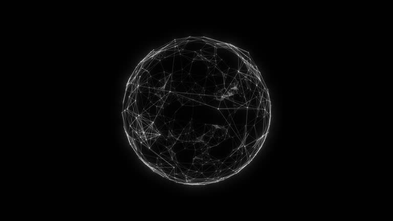 Abstract plexus sphere made of white dots and lines on a black background.