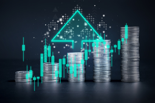 Interest rate financial and mortgage rates concept, Hand with increasing on top with icon percentage, Financial growth, Interest rate increase