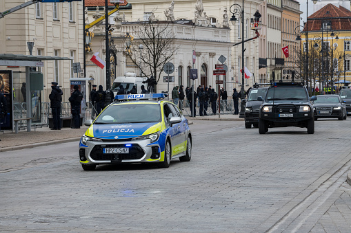 Visit of Ukrainian president Volodymyr Zelensky to Warsaw, Poland. Police car. President of Ukraine. Poland. Security. Safety. international. 5 april 2023. Warsaw, Poland