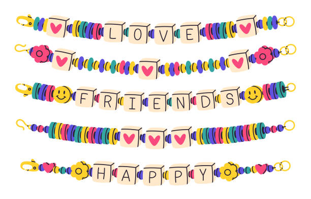 ilustrações de stock, clip art, desenhos animados e ícones de beaded bracelets. friendship funky bracelets, handmade plastic beads bracelet. kids cute accessories with words friends and love vector set - necklace jewelry bead homemade