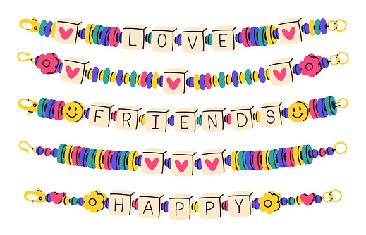 Beaded bracelets. Friendship funky bracelets, handmade plastic beads bracelet. Kids cute accessories with words friends and love vector set