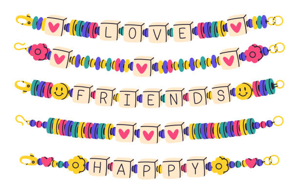 Beaded bracelets. Friendship funky bracelets, handmade plastic beads bracelet. Kids cute accessories with words friends and love vector set Beaded bracelets. Friendship funky bracelets, handmade plastic beads bracelet. Kids cute accessories with words friends and love vector set collection necklace jewelry image stock illustrations