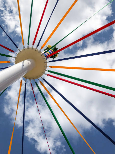 Looking up at the coloured ribbons of a traditional English maypole on May Day.