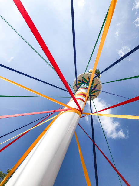 Looking up at the coloured ribbons of a traditional English maypole on May Day.