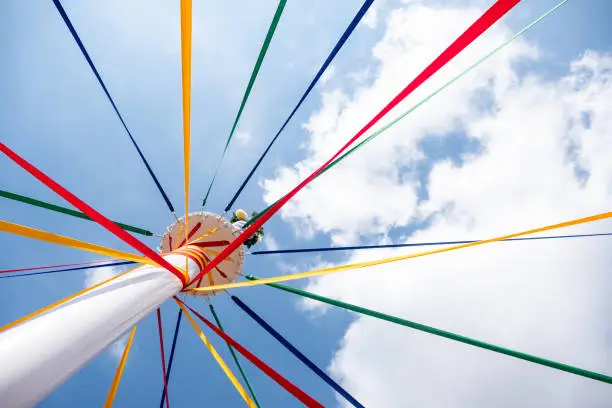 Looking up at the coloured ribbons of a traditional English maypole on May Day.