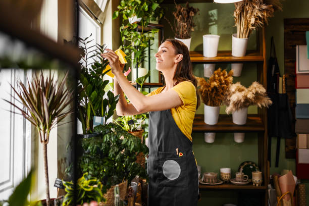 istock Cleaning potted plants at flower shop 1480118109