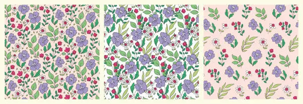 Vector illustration of Seamless floral pattern with cute spring botany in the collection. Vector illustration.