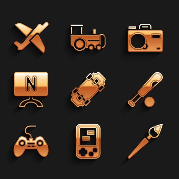 ilustrações de stock, clip art, desenhos animados e ícones de set skateboard, tetris electronic game, paint brush, baseball bat with ball, gamepad, smart tv, photo camera and toy plane icon. vector - baseball bat audio