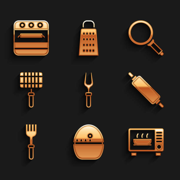 바베큐 포크, 주방 타이머, 전자 레인지, 롤링 핀, 포크, 강철 그리드, 프라이팬 및 오븐 아이콘을 설정합니다. 벡터 - rolling fork stock illustrations