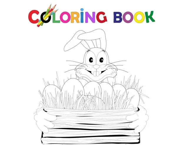Vector illustration of Coloring book - Easter Bunny cheerfully holds a basket with grass and Easter eggs,
Vector illustration isolated on white background