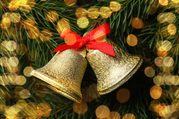 istock Christmas bells with red bow on fir tree branches, flat lay 1480126880